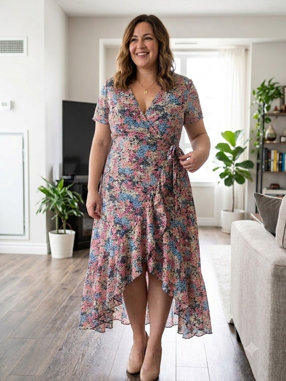 Nasty Gal Plus Size Chiffon Wrap Around Maxi Dress With Asymmetrical Ruffle Hem
